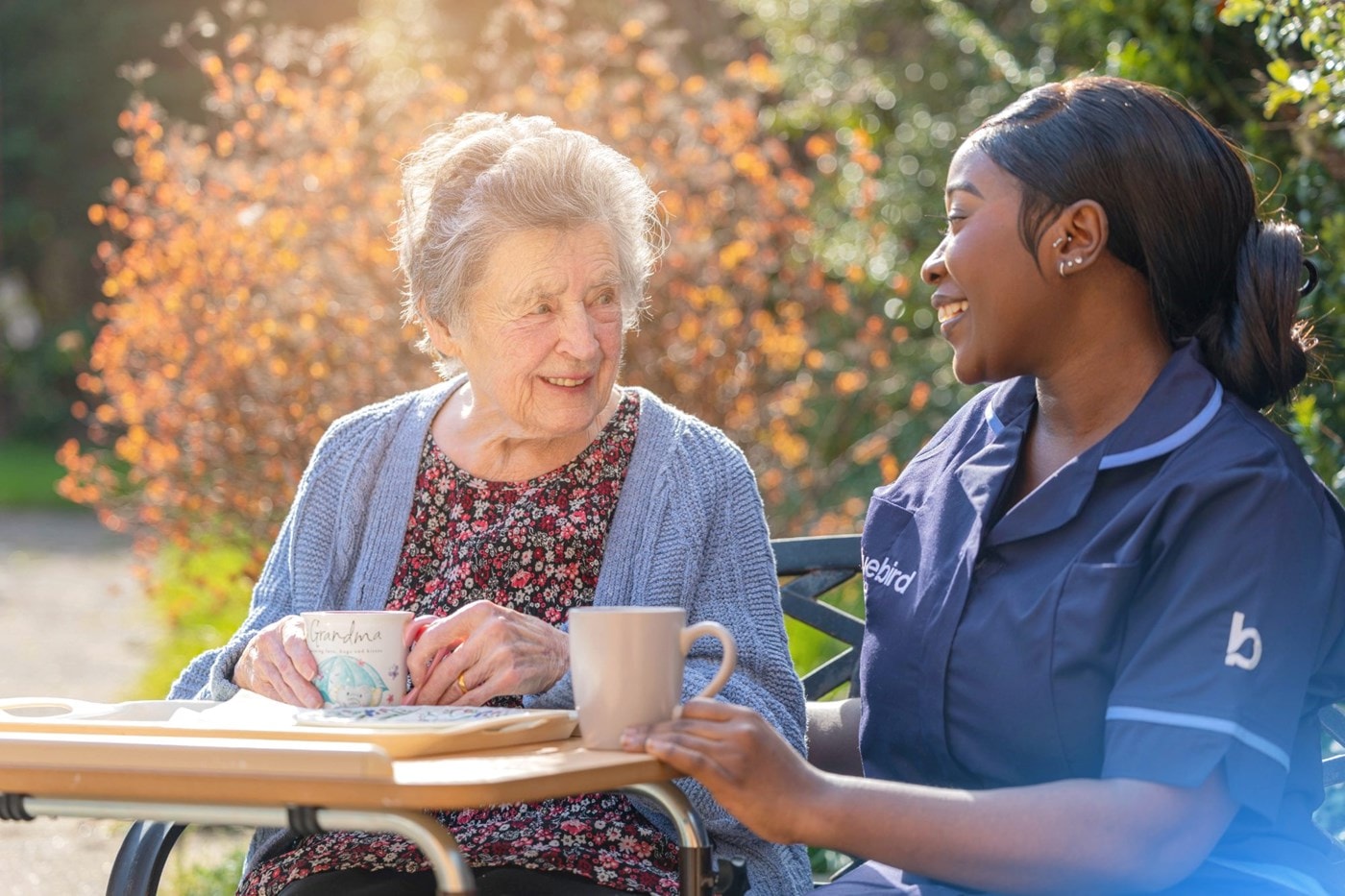 A Bluebird Care Care Expert having tea with a customer in the garden