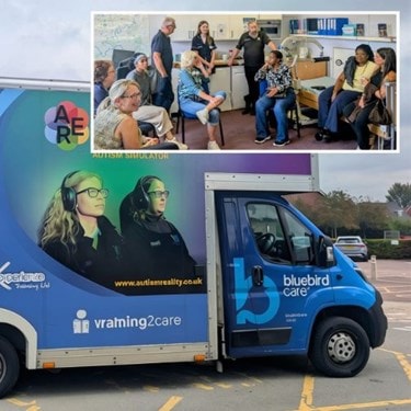Virtual Dementia Tour bus and staff from Bluebird Care training