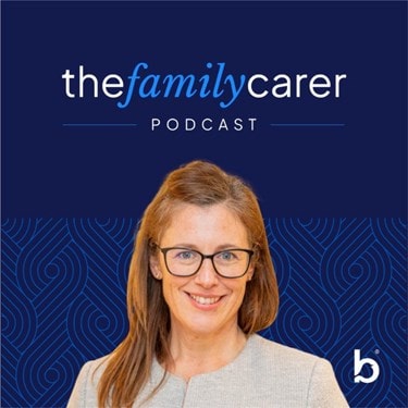 Smiling woman with glasses on a blue background featuring 'The Family Carer Podcast' logo.