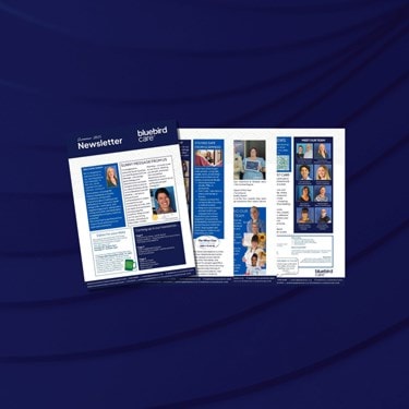 white background with Bluebird Care swirls and summer 2025 newsletter page for newsletter CTA 