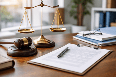 Image of legal type items such as scales and paperwork on a wooden desk