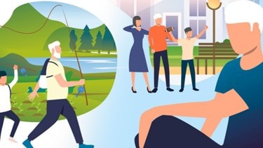 A cartoon image of an older person walking, one sitting, and a family visiting