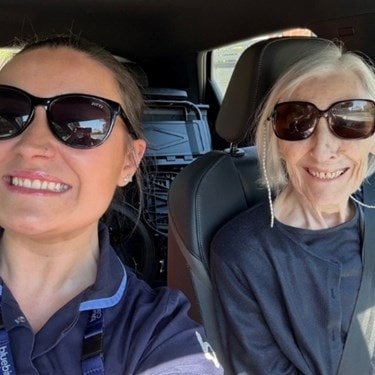 Erin in the car with Mrs F
