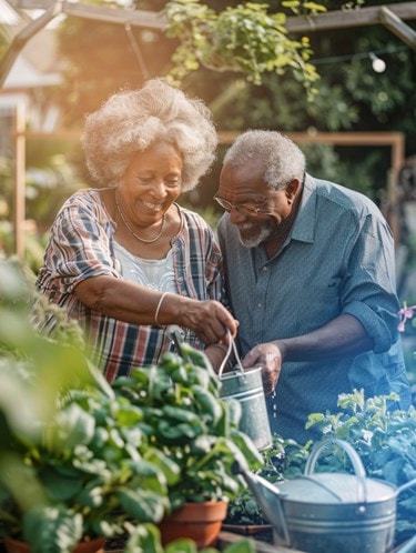 Black couple watering some plants