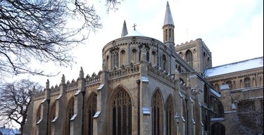 Peterborough cathedral in snow