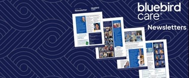 Dark blue Bluebird Care newsletter hero image with pictures of newsletters