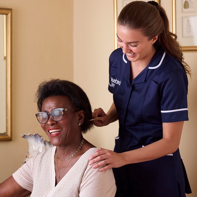 Care Expert brushing female customers hair